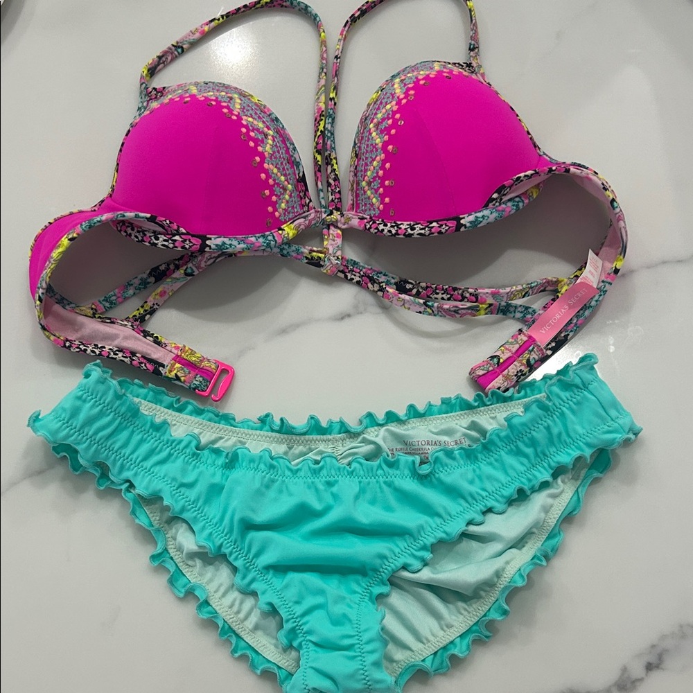 Victoria's Secret Hot Pink and Aqua Ruffled Bikini Set